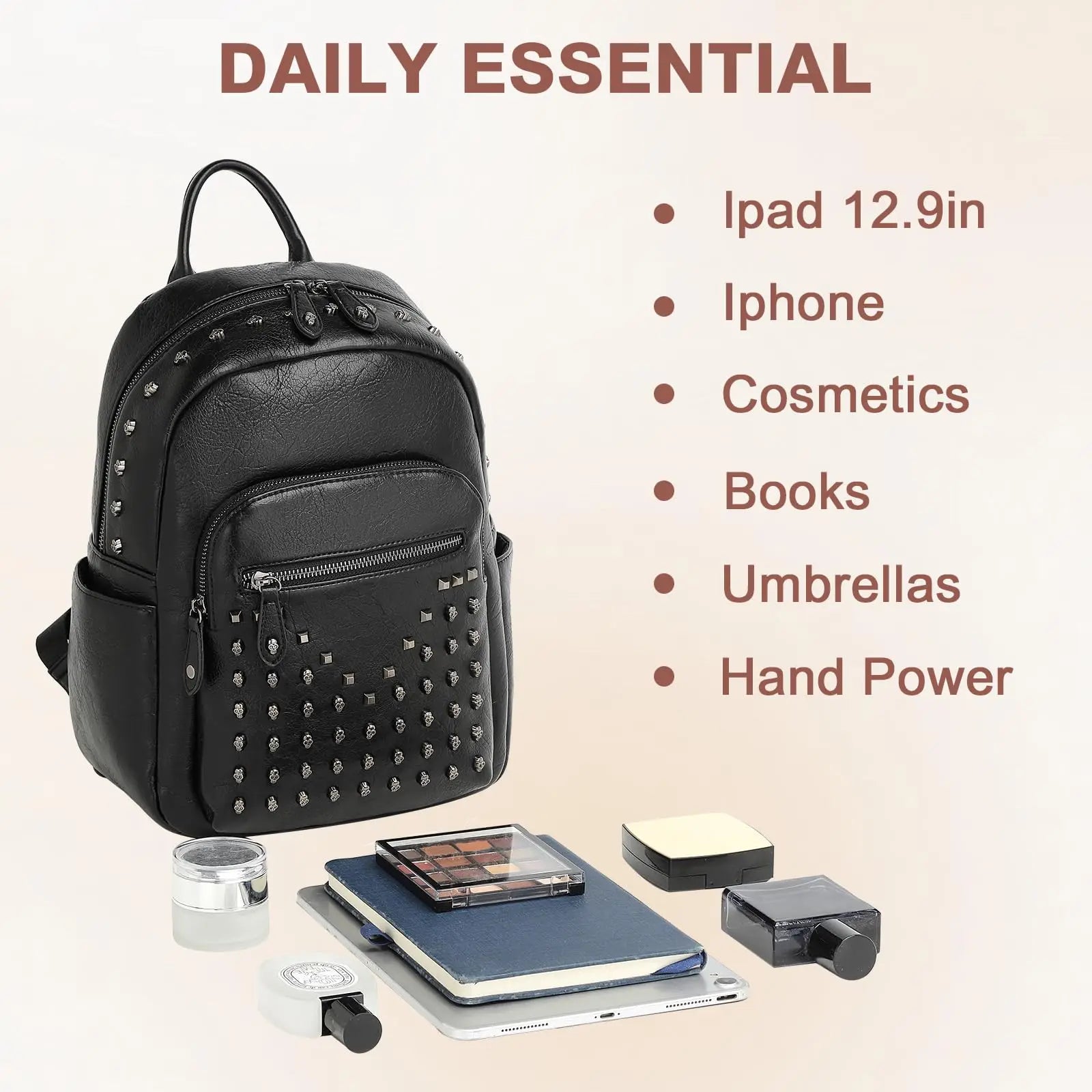 Miss Lulu Skull Rivet PU Leather Casual Daypack,Retro Punk Style Studded Backpack for Women