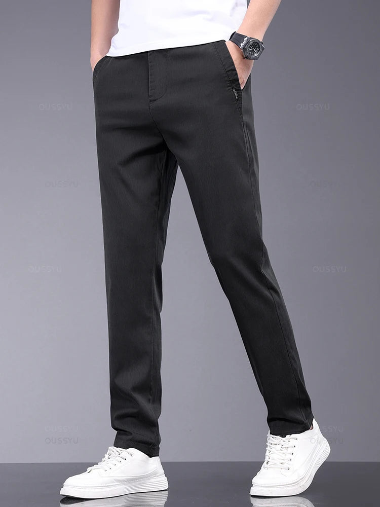 OUSSYU Brand Spring Summer Soft Stretch Lyocell Fabric Men's Casual Pants Thin Slim Elastic Waist Business Grey Trousers Male