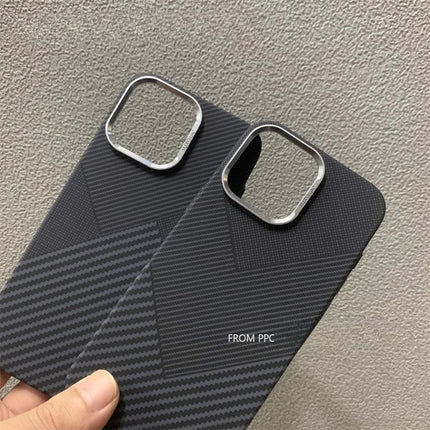 OKEYWOW iPhone Geometric Armor magnetic shockproof case with carbon matte finish and camera frame for 15/16/17 Pro Max models