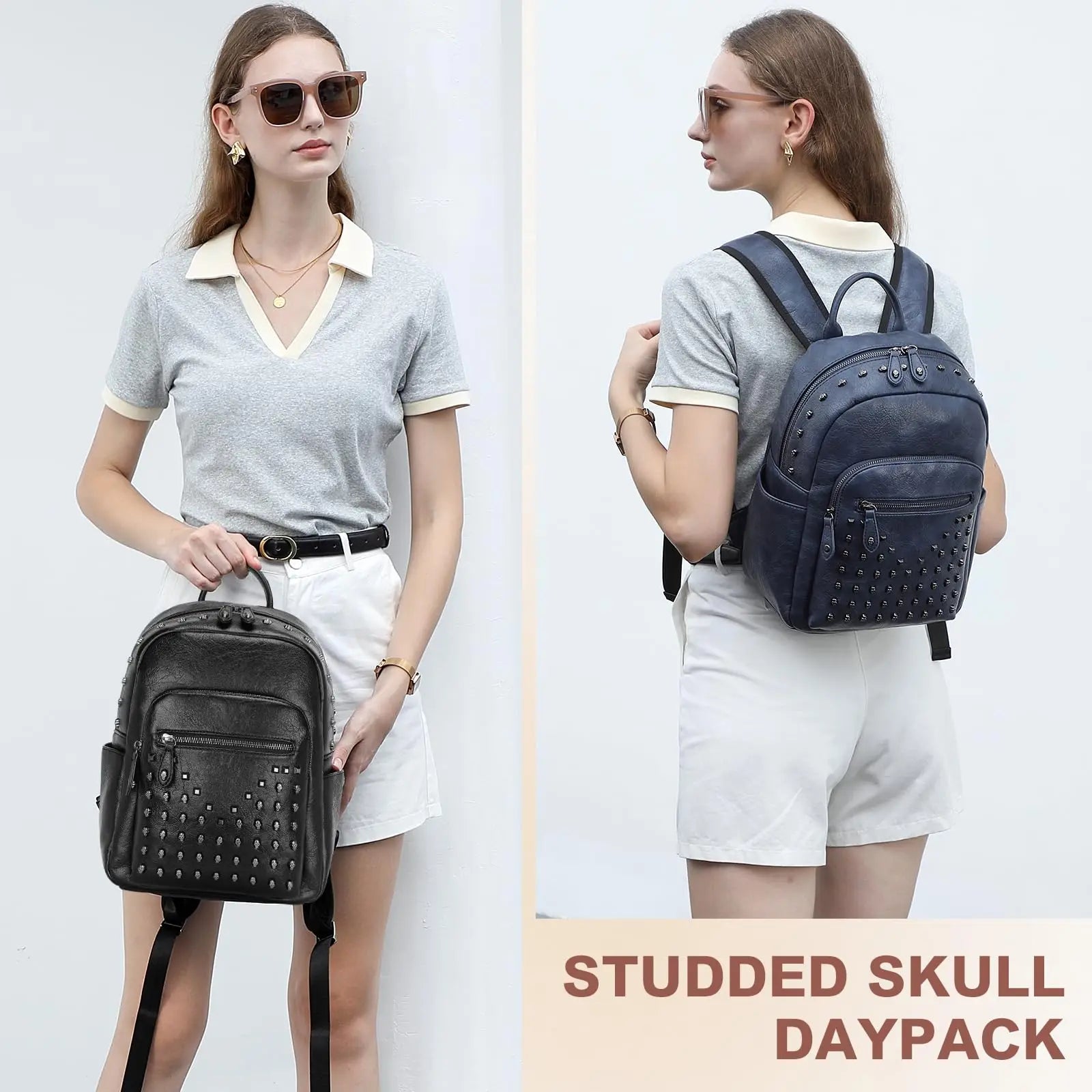 Miss Lulu Skull Rivet PU Leather Casual Daypack,Retro Punk Style Studded Backpack for Women