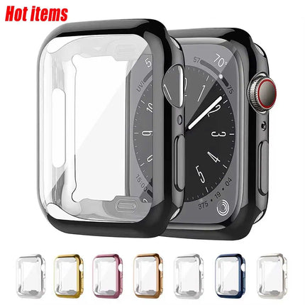 OKEYWOW Apple Watch silicone case and screen protector bumper for Series 9 to 3, 38mm to 46mm, in black with precise cutouts.