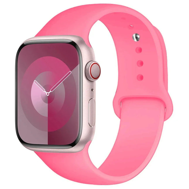 Apple Watch silicone sport strap by OKEYWOW for Series 9, Ultra, SE, and 3 in 38mm to 49mm sizes, shown on a smartwatch.