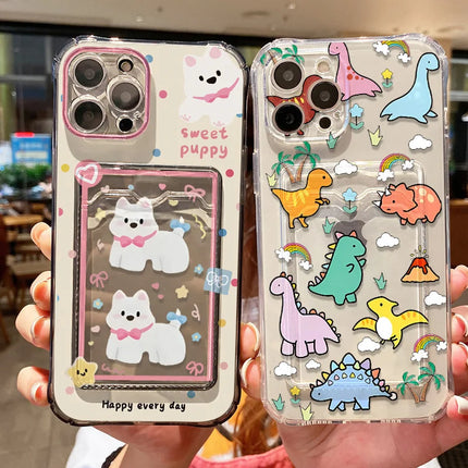 OKEYWOW iPhone dinosaur silicone case with card slot for iPhone 12 Pro Max, soft cover, colorful dinosaur design.