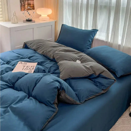 Okeywow solid color brushed fabric bedding set with duvet cover, pillowcases, bed sheet, and quilt cover in various sizes.