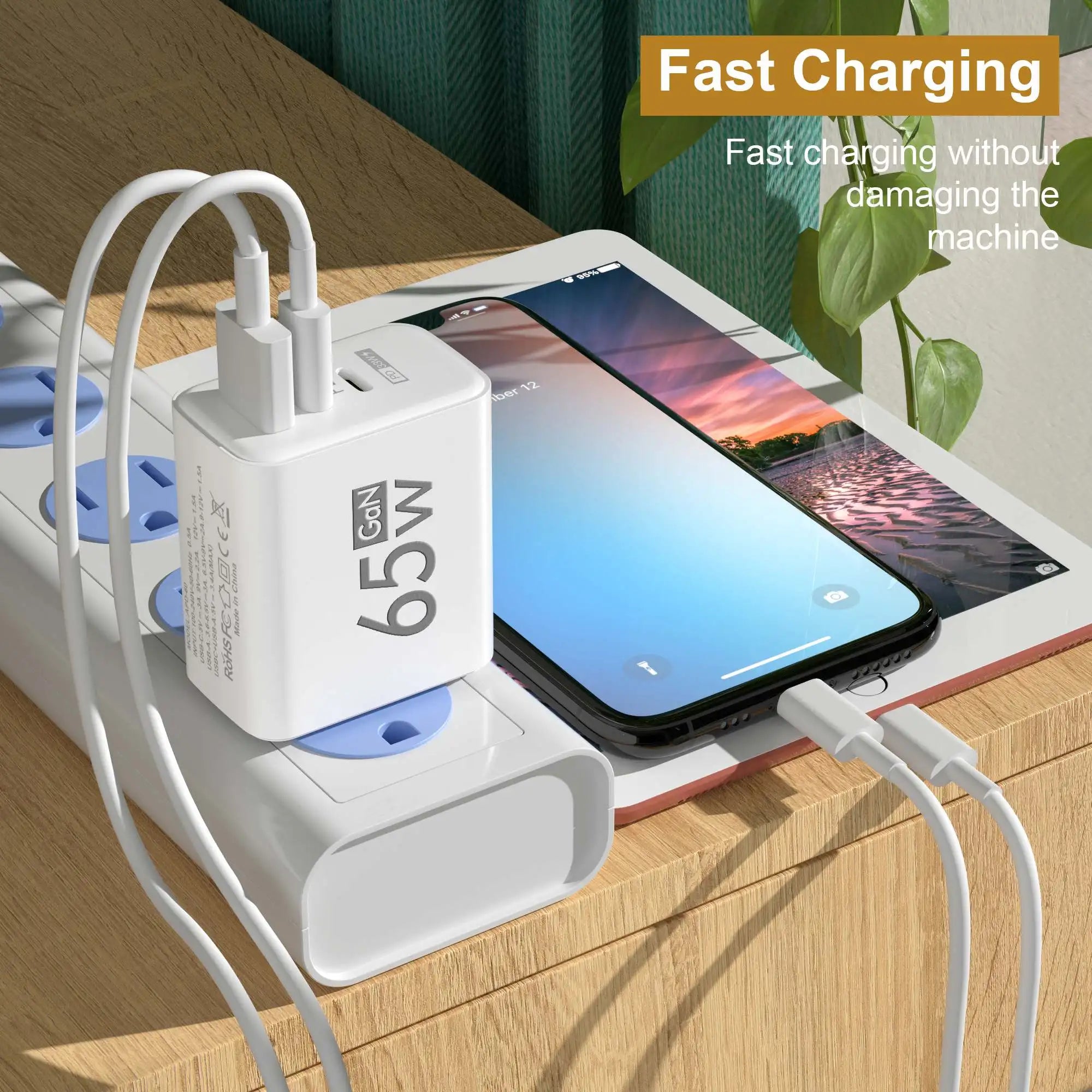 65W USB-C GAN Fast Charging Charger: Power Delivery (PD) Quick Charge 3.0 Wall Adapter for iPhone 15, Xiaomi, POCO, Samsung, OnePlus, and More