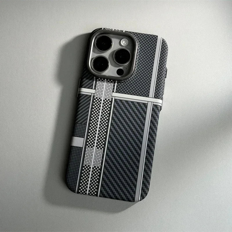 iPhone 16 15 14 Pro Max Case Carbon Fiber Abstract Geometric MagSafe Cover Magnetic Charging Shell Camera Alloy Armor Fundas