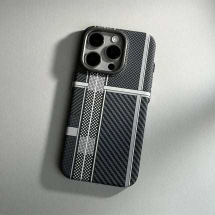 OKEYWOW iPhone 16/15/14 Pro Max carbon fiber geometric MagSafe case with magnetic charging and camera armor protection.