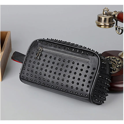 Men's PU leather rivet clutch bag with cyberpunk style, waist wallet, strap, and money holder from OKEYWOW.