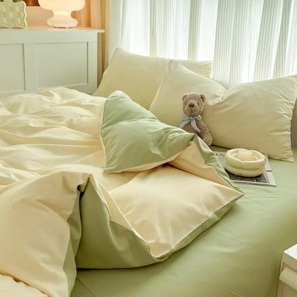 OKEYWOW solid color brushed fabric bedding set with duvet cover, pillowcases, and bed sheet in various sizes displayed on a bed