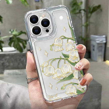 Transparent silicone shockproof iPhone case with aesthetic flower design for iPhone 12 to 16, by OKEYWOW.