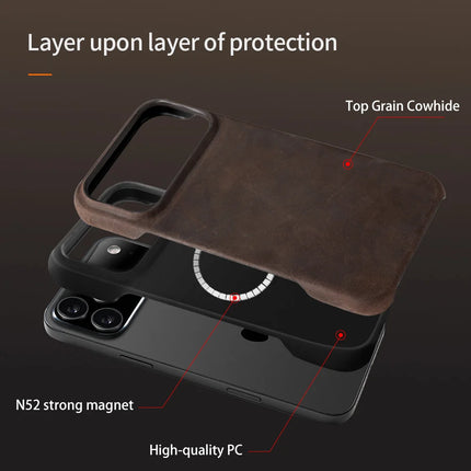 OKEYWOW iPhone 15/16/17 Series MagSafe leather case with pull-up back cover, genuine leather, magnetic attachment, retro design