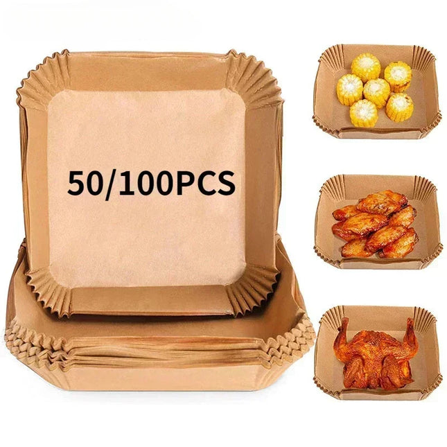 OkeyWOW air fryer disposable paper liners in square and round shapes, non-stick, oil-absorbing baking paper for kitchen use, 50 or 100 pcs