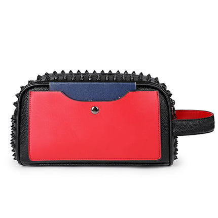 Men's black PU leather clutch bag with rivets and waist strap, cyberpunk style wallet and money purse by OKEYWOW.