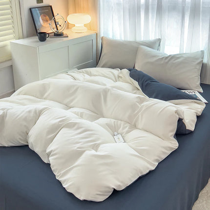 Okeywow solid color brushed fabric bedding set with duvet cover, pillowcases, bed sheet, and quilt cover in neutral tones.
