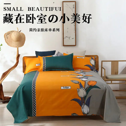 Okeywow polyester cotton flat bed sheet for queen and king beds, soft linen bedspread without pillow cover, light blue color