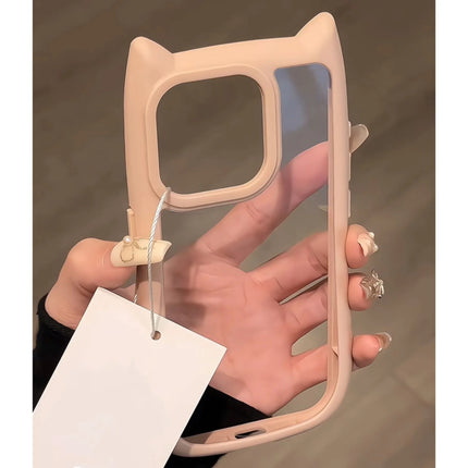 Transparent silicone iPhone case with cute cat ears, shockproof design for iPhone 11 to 17 Pro Max, by OKEYWOW.
