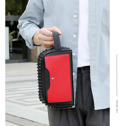 Men's PU leather cyberpunk rivet clutch bag with strap, waist wallet, and money purse from OKEYWOW, featuring a sleek, modern design.