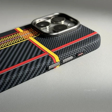 OKEYWOW iPhone 16/15/14 Pro Max carbon fiber geometric MagSafe case with magnetic charging and camera armor protection.