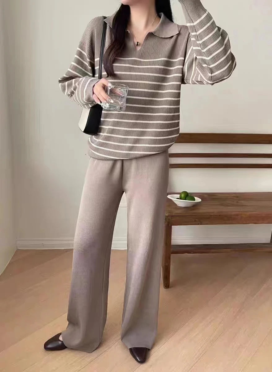 2024 Spring New Women Sweater Set Casual Pullovers Suits Striped Color Contrast Knitted Long Sleeve Elegance Tops Wide Leg Pants