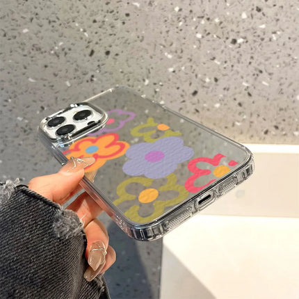 Pink silicone shockproof mirror case for iPhone 11 Pro Max, XR, 12, 13, 14, 15, 16, and SE by OKEYWOW, with floral design.