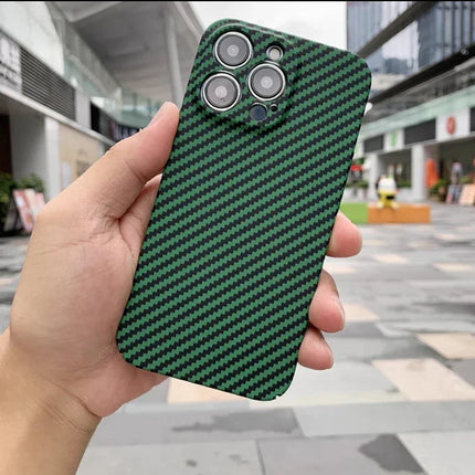 OKEYWOW iPhone carbon fiber case, ultra-thin hard back cover with camera protection for iPhone 11 to 17 Pro Max models.
