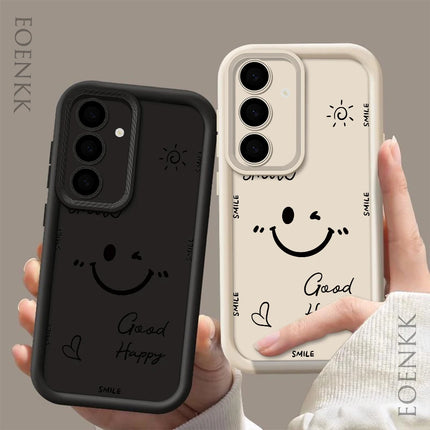 Samsung Galaxy phone with OKEYWOW silicone shockproof case featuring a colorful smile face design.