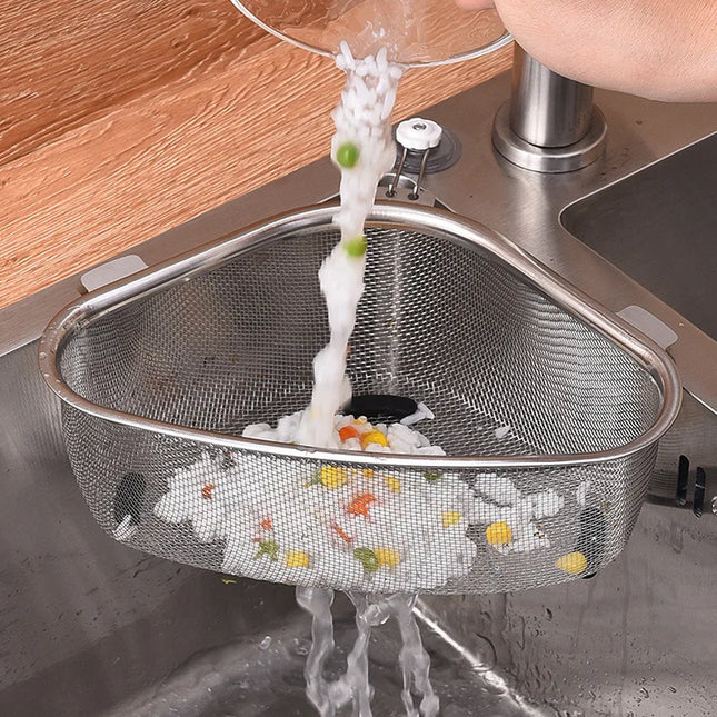 TriDrain Sink Basket Stainless Steel Corner Strainer Kitchen Storage Rack