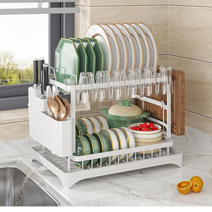 OKEYWOW 2-Tier dish drying rack with drain tray and cutlery holder on kitchen counter, organized for drying dishes and utensils