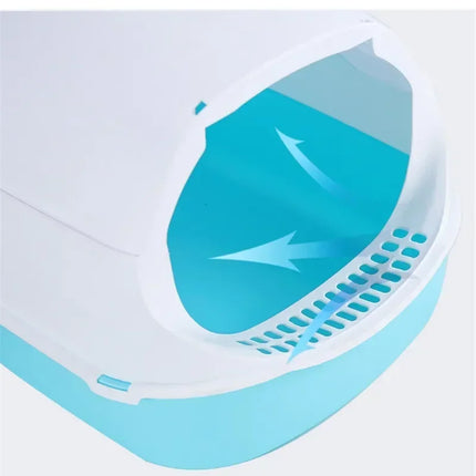 OKEYWOW semi-enclosed kitty cat litter box with splashproof design, pet toilet tray, and bedpan for easy cleaning and odor control
