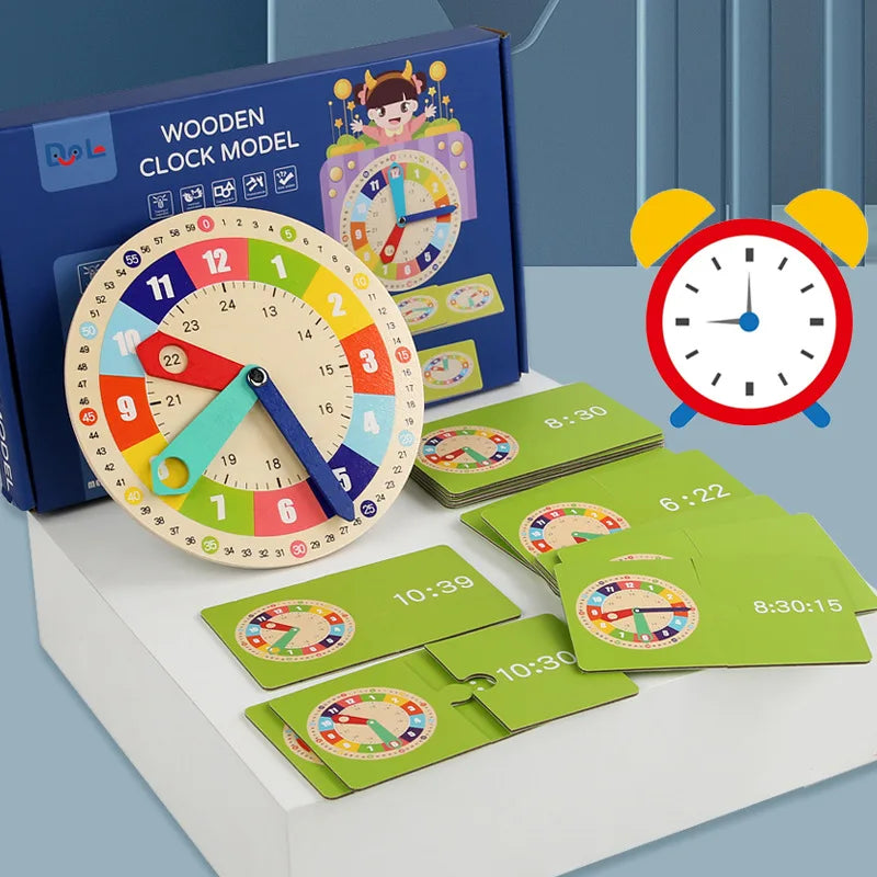 Wooden Clock Model Teaching Aid: Montessori Learning Clocks with Cards, Kindergarten Toy for Interactive Playroom Wall Games