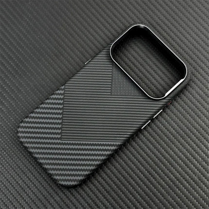 OKEYWOW iPhone 15/16/17 Pro Max carbon fiber MagSafe case with camera lens protection and hard PC cover.