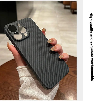 OKEYWOW carbon fiber iPhone case, ultra-thin hard back cover with camera protection for iPhone 11 to 17 Pro Max models.
