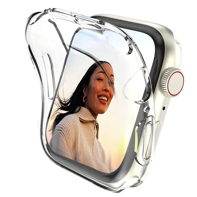 OKEYWOW Apple Watch TPU bumper case and screen protector for 40mm to 49mm series 11–4 SE, showing clear protective design on watch face.
