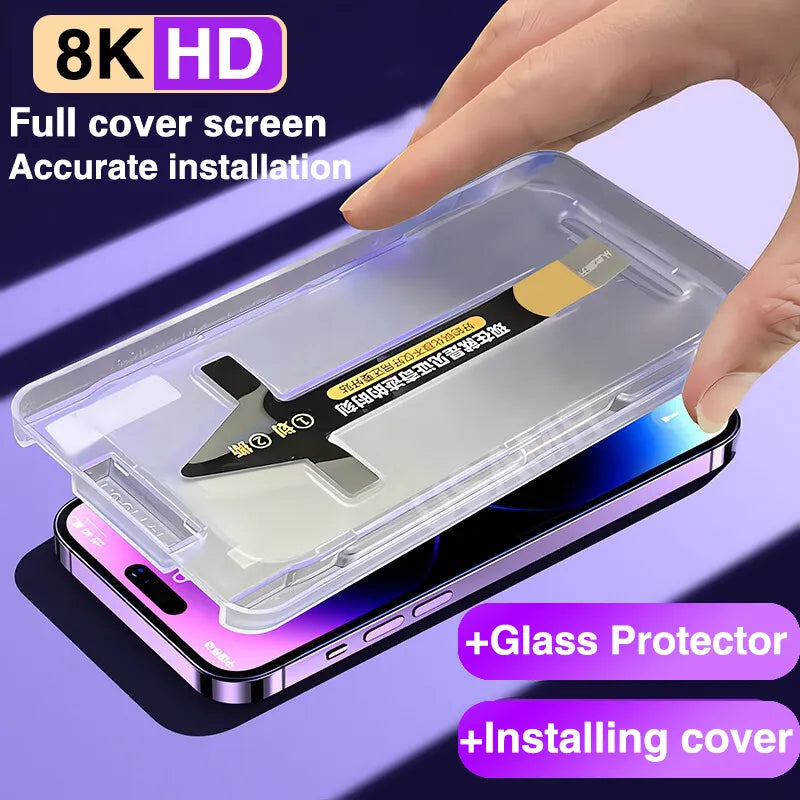 Premium 8K Tempered Glass Screen Protector with Alignment Mounting Cover for iPhone 15, 14, 13, 12, 11, Pro Max, XS Max, X, XR, 15 Plus: High-End Protection for Your Device