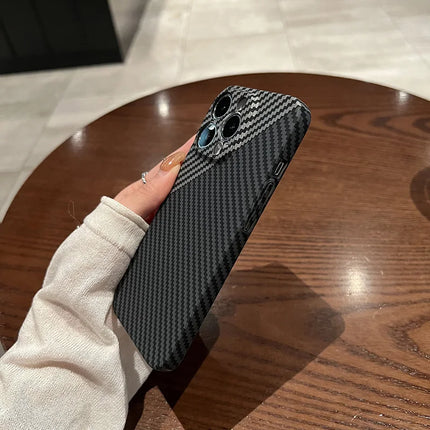 OKEYWOW ultra-thin carbon fiber iPhone case with hard back and camera protection for models 11 to 17 Pro Max.