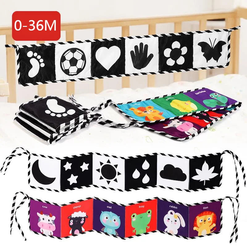 Montessori Sensory Cloth Book Baby Toys 0-36 Months Newborn Crib Sticker Toys Black White Colorful Animal Cloth Books Baby Gifts