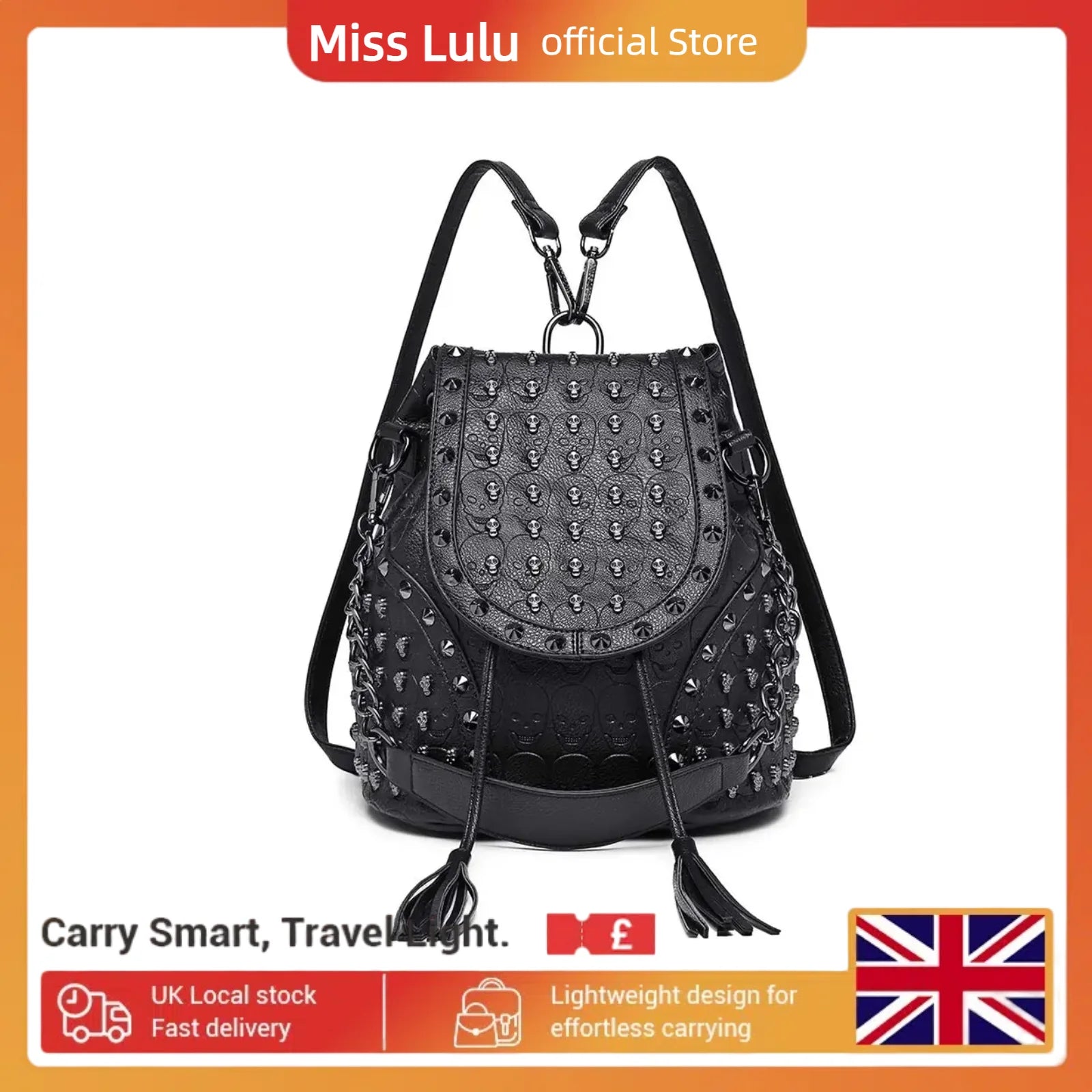 Miss Lulu Gothic Skull Backpack - Faux Leather Studded Shoulder Bag with Chains & Tassels for Women