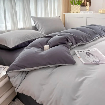 Okeywow solid color brushed fabric bedding set with duvet cover, pillowcases, bed sheet, available in single, queen, and king sizes.