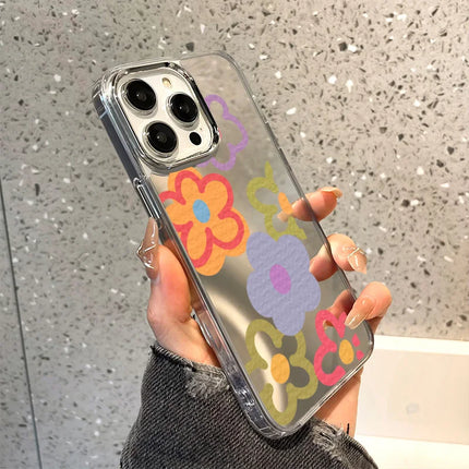 OKEYWOW iPhone flower mirror case with silicone shockproof cover for iPhone 11 to 16 Pro Max XR XS SE, featuring floral design.