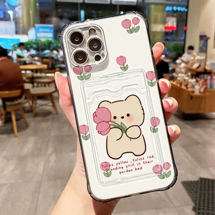 Transparent OKEYWOW iPhone bear case with card holder, soft cover for iPhone 12 to 16 and older models, featuring a cute bear design.