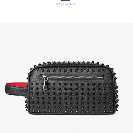 Men's PU leather rivet clutch bag with strap, cyberpunk waist wallet, purse, and money bag in black with metallic rivets.