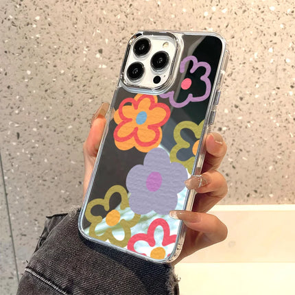 OKEYWOW iPhone flower mirror case with silicone shockproof cover for iPhone 11 to 16 Pro Max, XR, XS, SE, featuring floral design.