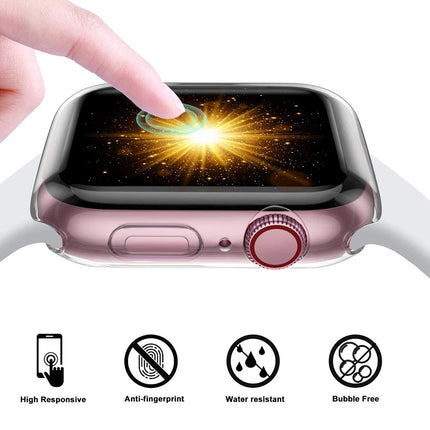OKEYWOW Apple Watch TPU bumper case with screen protector for 40-49mm Ultra 2/3 Series 11–4 SE, shown on watch face.