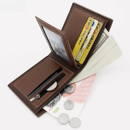 Men’s minimalist bifold wallet by OKEYWOW with zipper coin pocket and multiple card slots, showcasing its large capacity and sleek design.