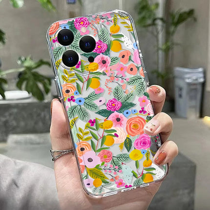Clear flower-patterned shockproof iPhone case for iPhone 11 to 17 Pro Max by OKEYWOW, showcasing the protective, slim design.