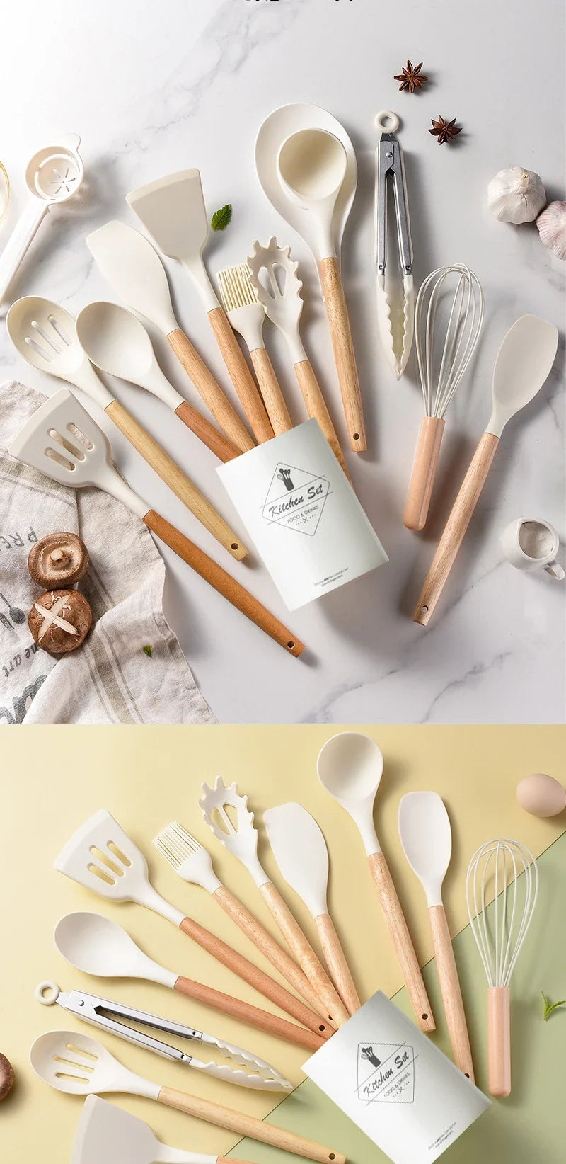 12Pcs Silicone Utensils Set Non-Stick Cookware Spatula Shovel Egg Beaters Wooden Handle Kitchenware Home Kitchen Cooking Tools