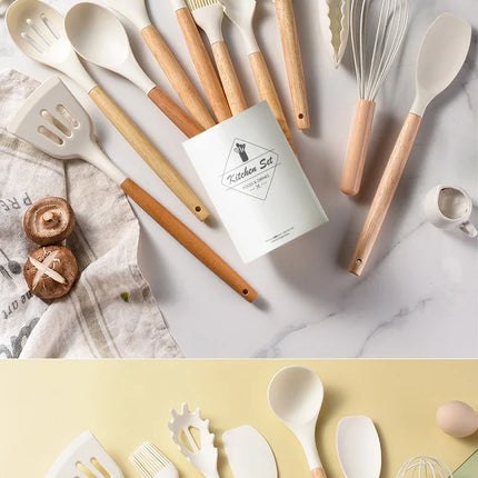 Set of 12 silicone kitchen utensils with non-stick spatulas and wooden handles from OKEYWOW for cooking and baking.
