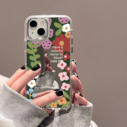 OKEYWOW iPhone flower mirror case with silicone shockproof cover for iPhone 11 to 16 Pro Max, featuring a floral design and mirror surface.