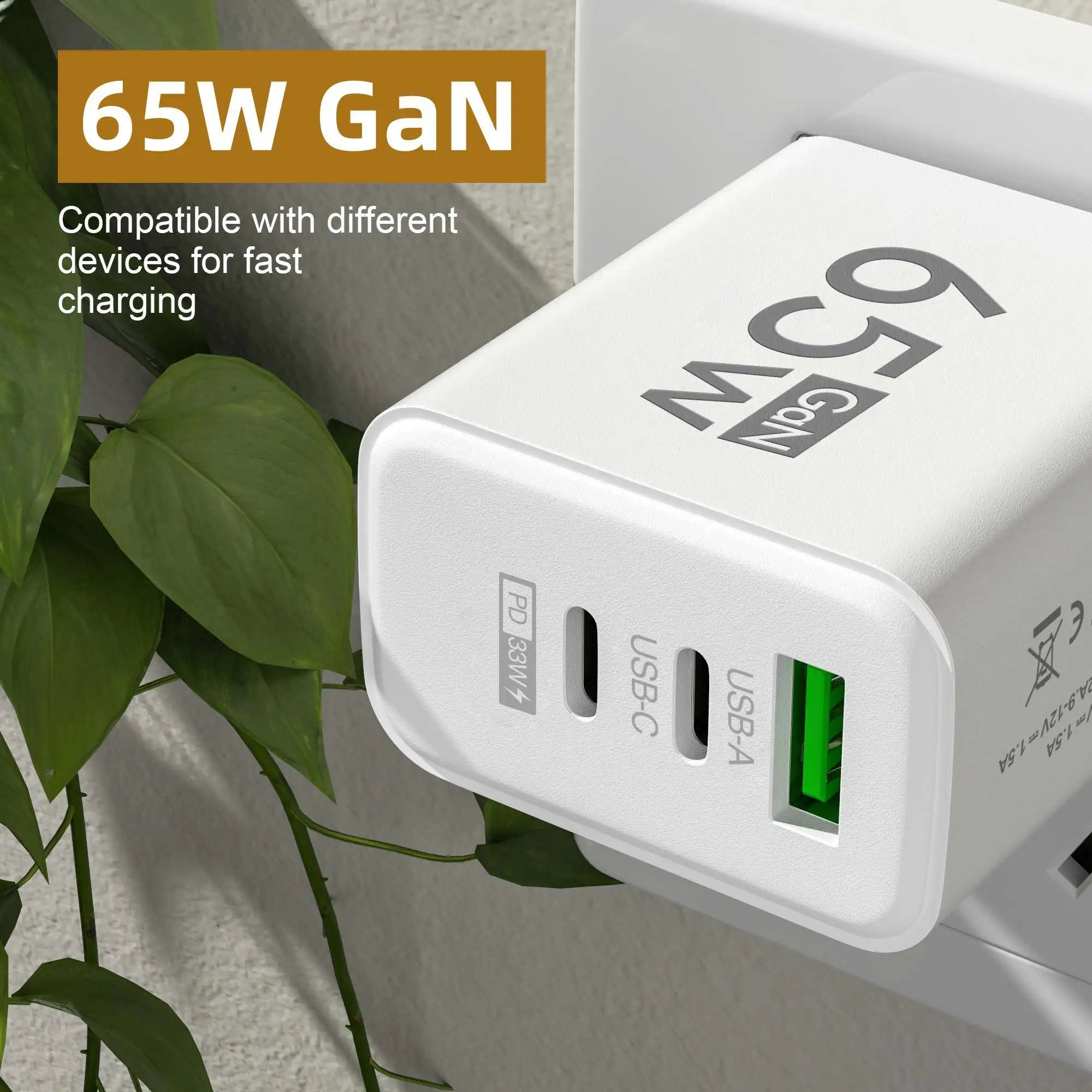 65W USB-C GAN Fast Charging Charger: Power Delivery (PD) Quick Charge 3.0 Wall Adapter for iPhone 15, Xiaomi, POCO, Samsung, OnePlus, and More