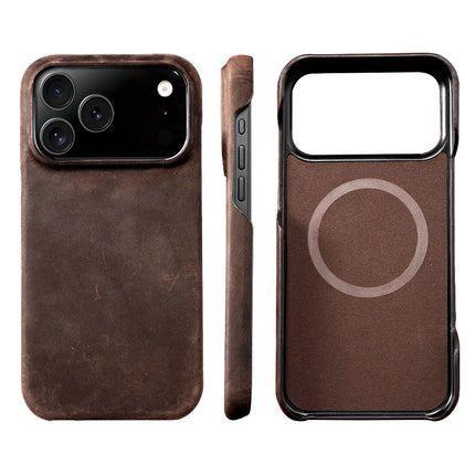 OKEYWOW MagSafe retro genuine leather case for iPhone 15/16/17 series with magnetic pull-up back cover, stylish and protective.